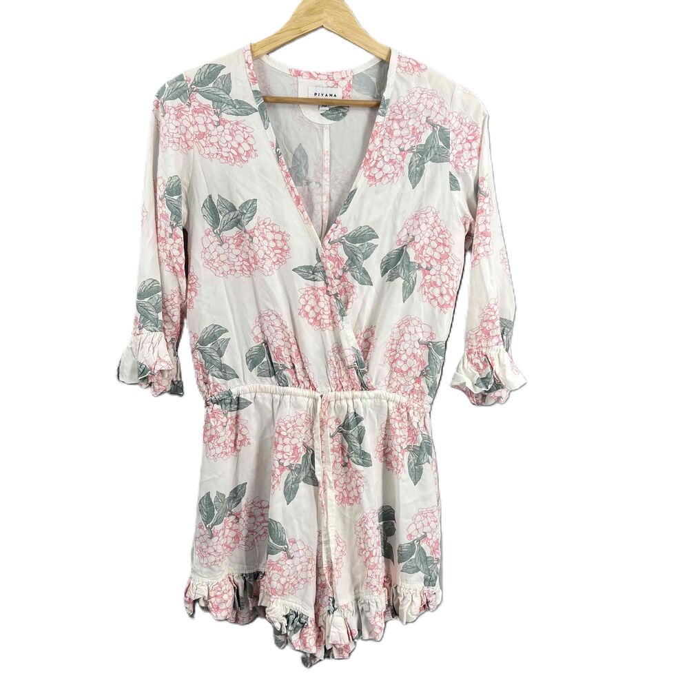 Piyama White Floral Ruffle Drawstring Romper Bridal Resort Feminine XS